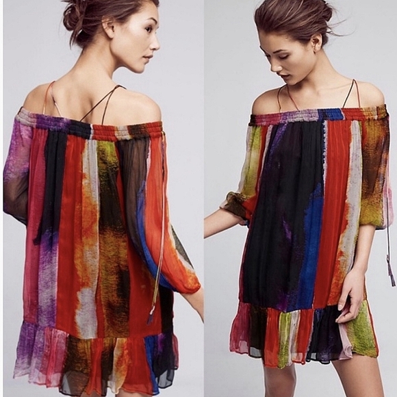 Floreat Multicolor Watercolor Off The Shoulder Tunic Dress - Picture 1 of 8